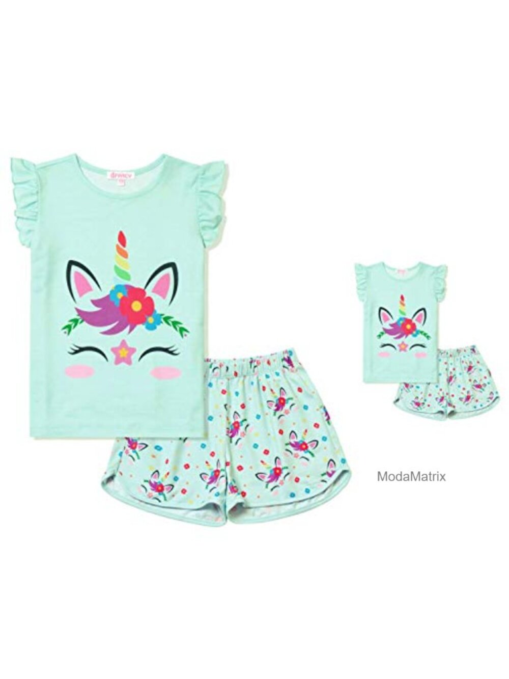 Girls Cotton Unicorn Pajama Set with 18-inch Doll Matching Flutter Sleeve